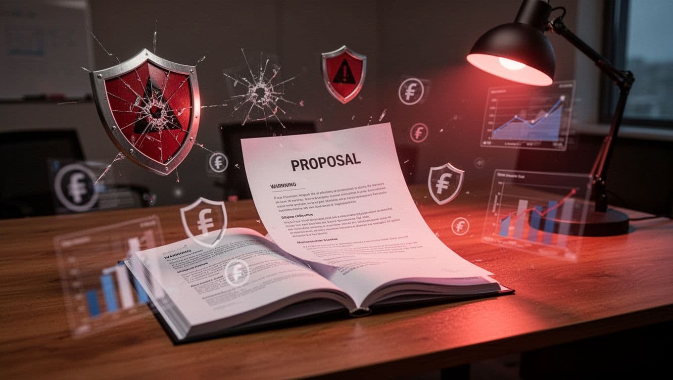 Proposal document on table surrounded by cracked shields, vague charts, hidden fees icons in dimly lit room.