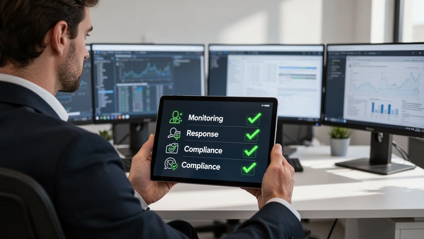Security analyst holds digital tablet showing checklist with monitoring, threat response, and compliance icons at desk with background screens.