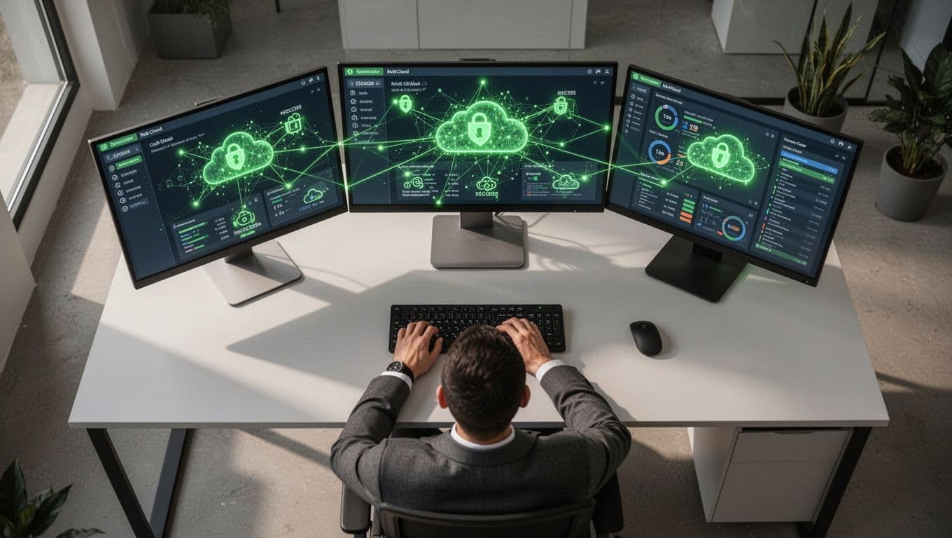 Security architect at desk with three monitors showing AWS, Azure, and Google Cloud dashboards linked by green secure lines, viewed from above.