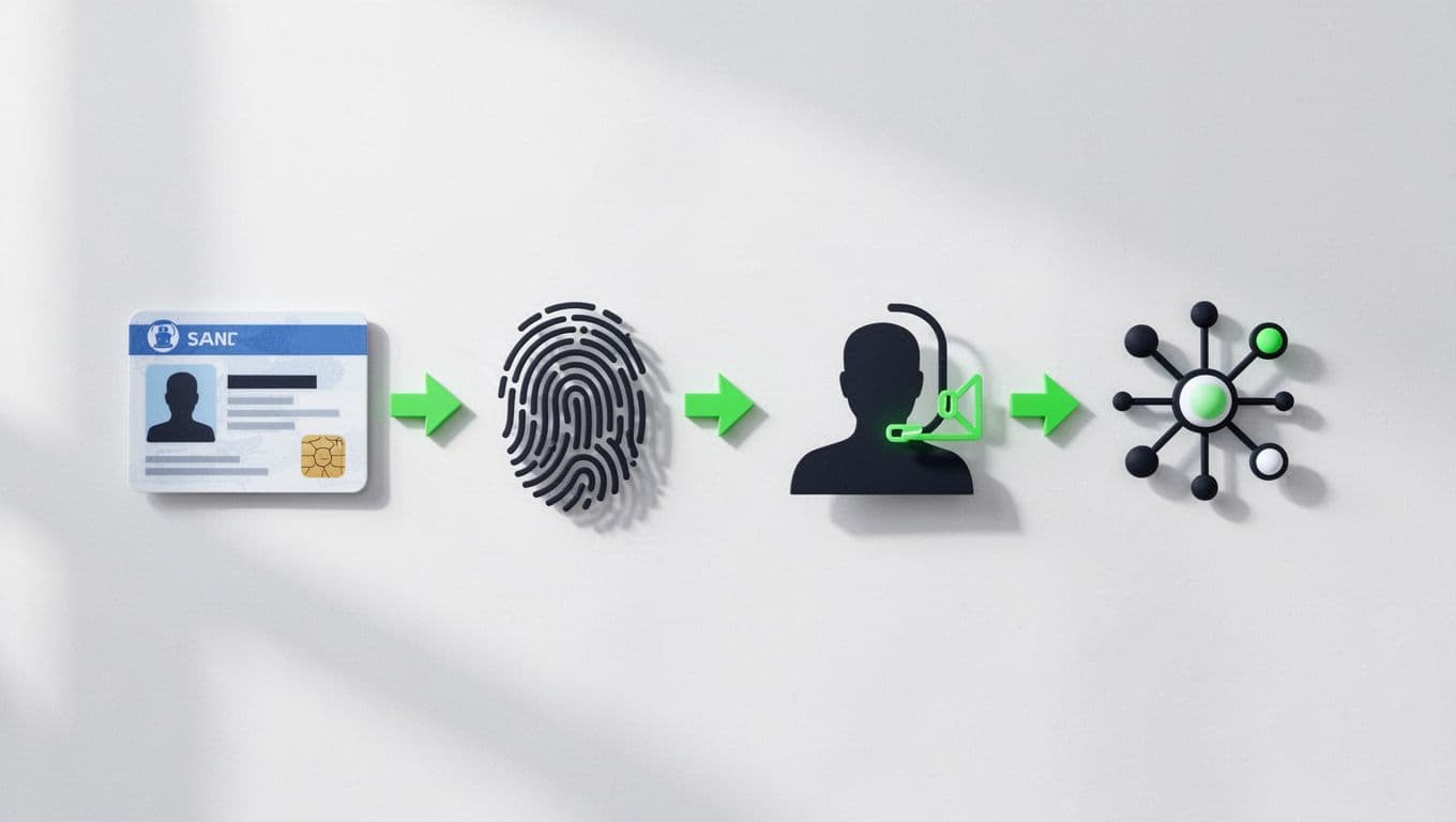 Flowchart icons depict ID scan, biometric check, video call, and database cross-check linked by green arrows on white background.