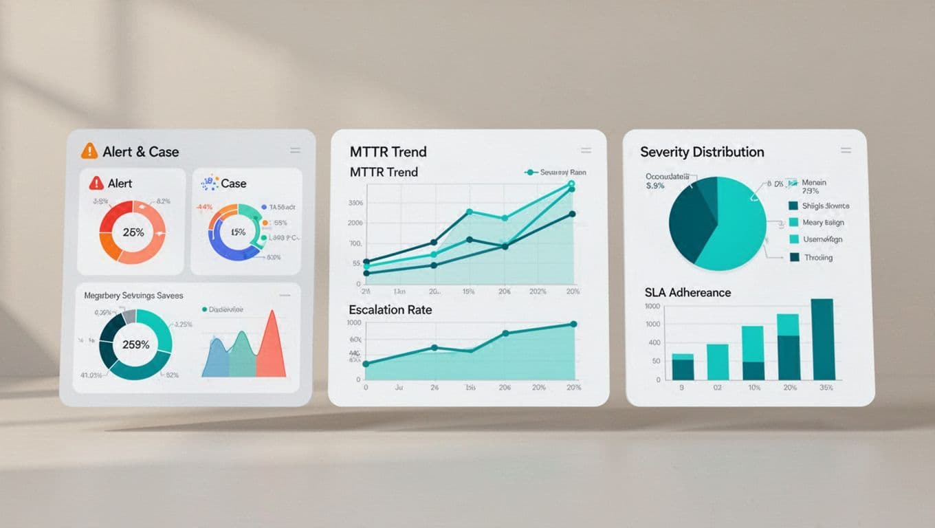 Three-panel dashboard with left analyst alerts and cases, center manager MTTR trends and escalations, right executive severity and SLA metrics.