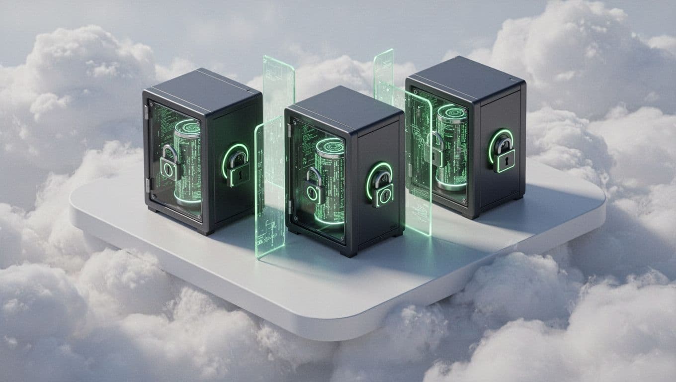 Three secure vaults side by side on a shared cloud base, each with locked data icons and green-glowing barriers between them.