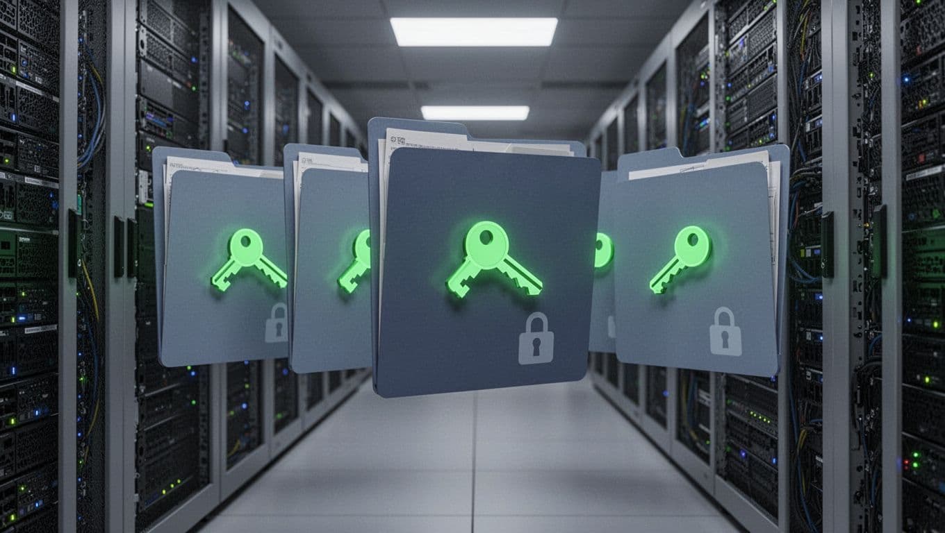 Server rack with four data folders, each topped by a unique green key icon and lock, in secure data center background.