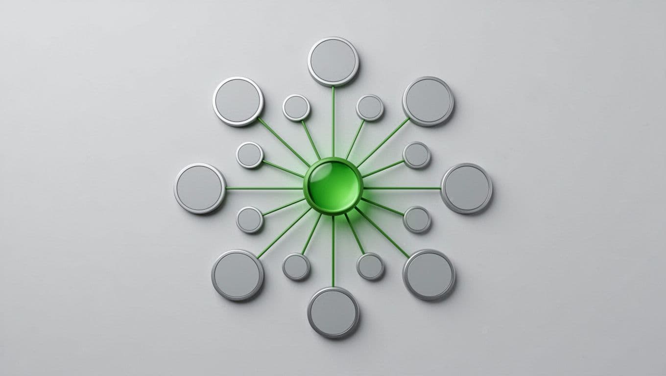 Network map of interconnected circular nodes with lines and a central green node on clean background.