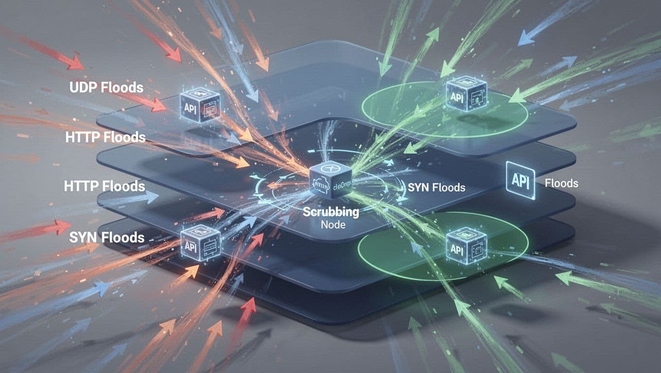 Layered network stack pierced by colored UDP, HTTP, and SYN flood arrows, with scrubbing center diverting traffic to green safe zones.
