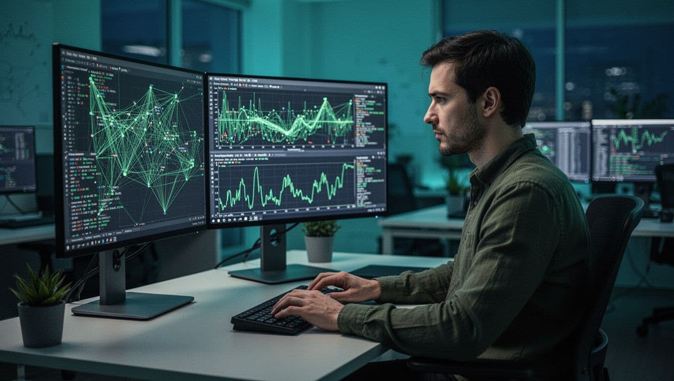 Network forensics expert sits at modern workstation with dual monitors displaying network traffic visualizations and packet graphs.