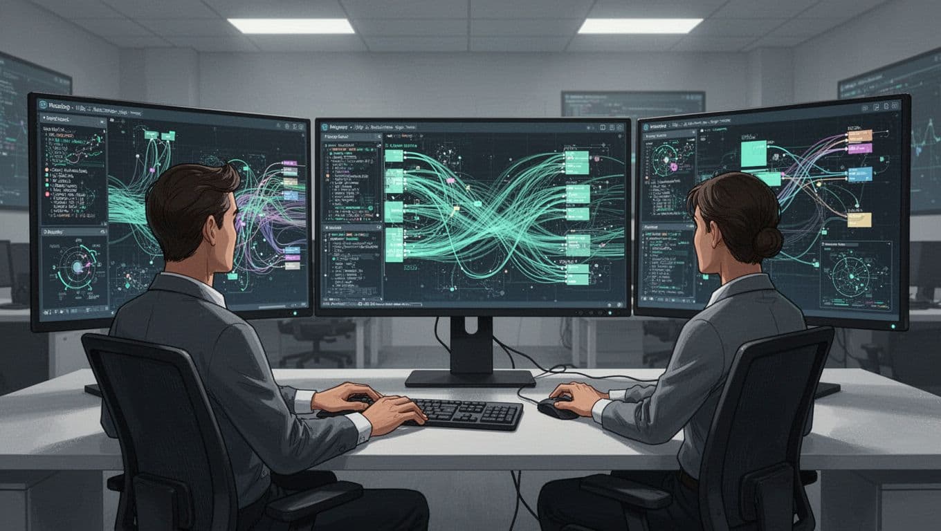 Network forensics expert seated at desk with keyboard and mouse, hands relaxed, analyzing packet flow data on three large screens.