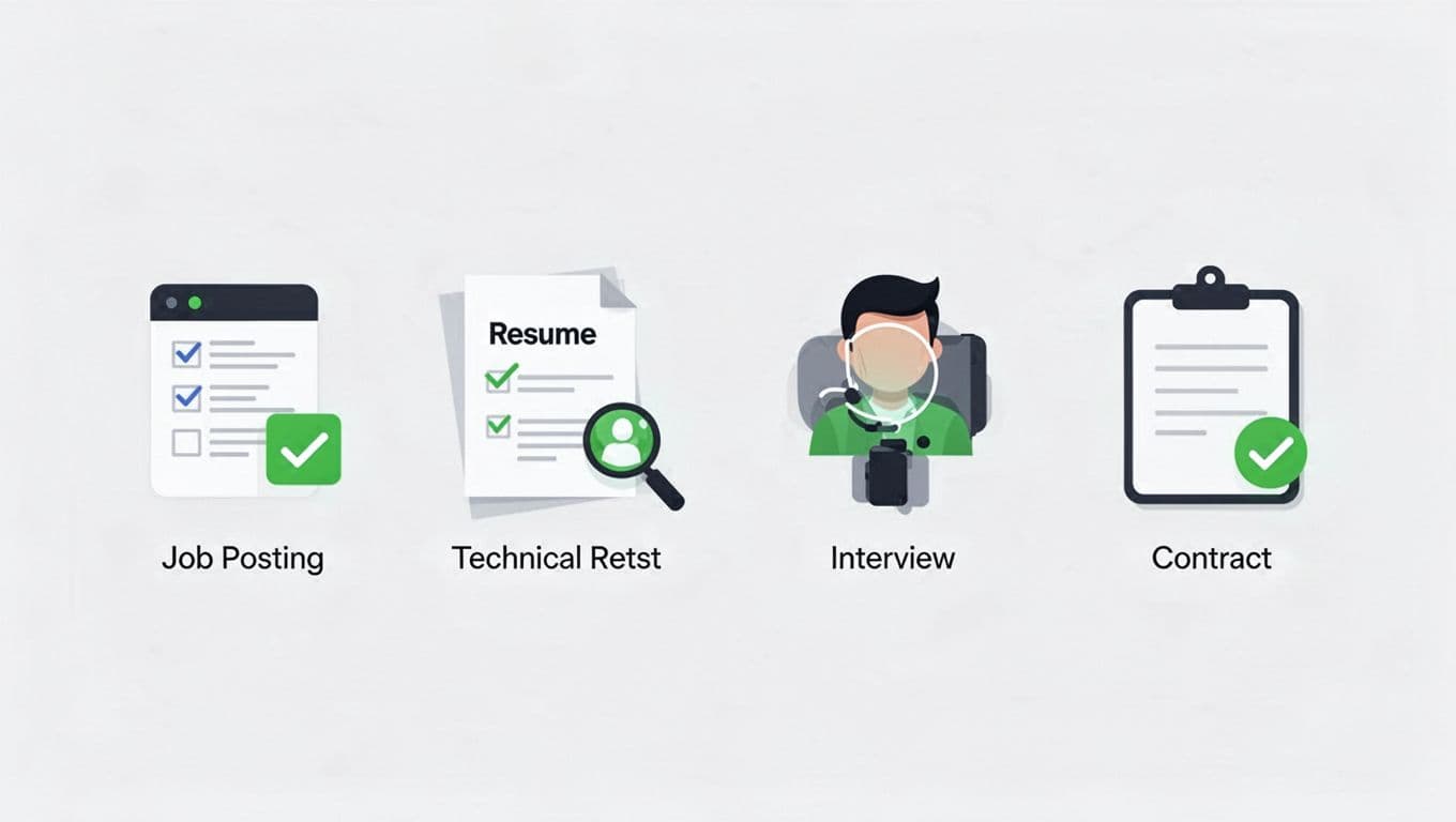 Horizontal infographic with icons for job post, resume review, technical test, interview, and contract, arranged left to right with green accents.