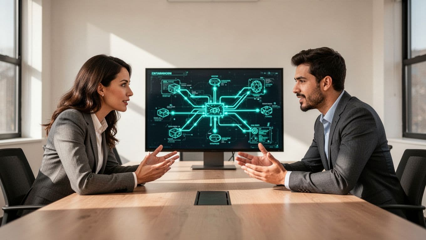 Hiring manager and candidate discuss network topology and anomaly detection diagrams on a shared screen across a conference table.