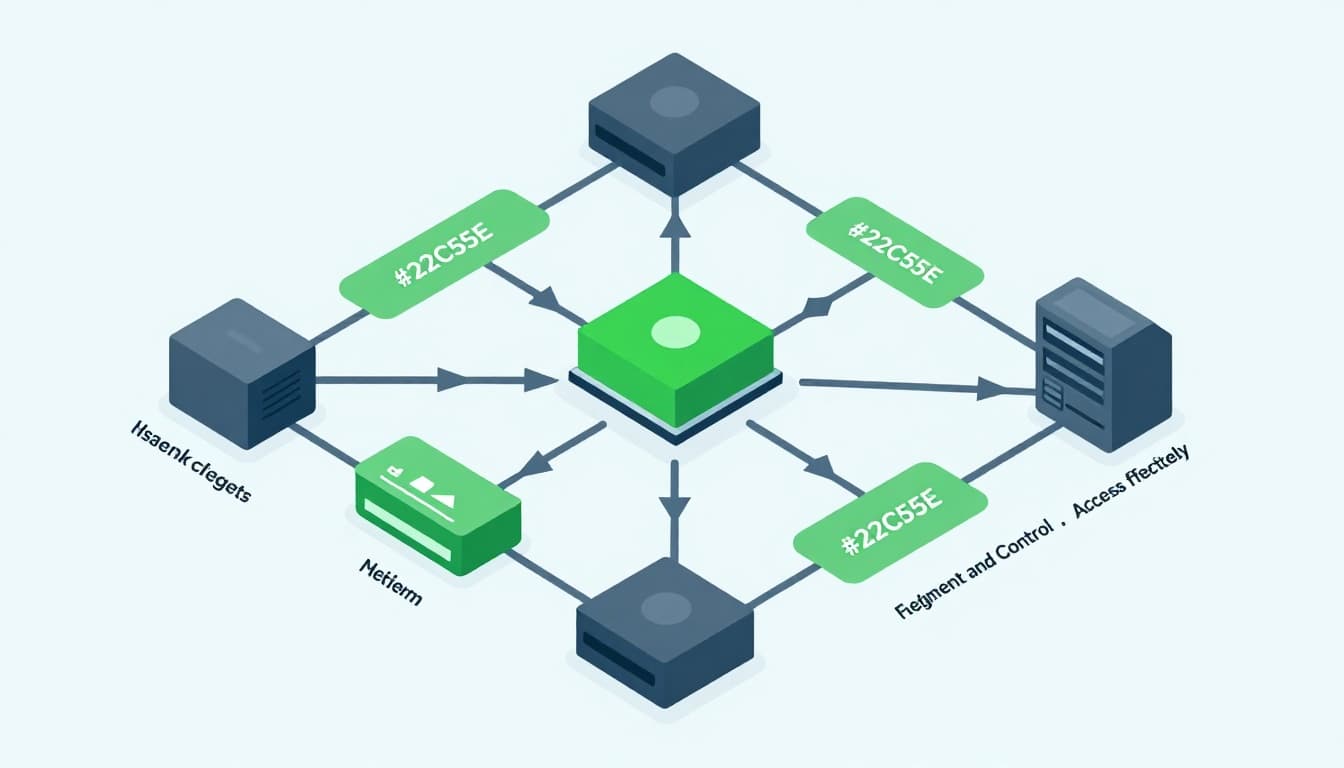Isometric diagram of firewalls isolating legacy servers from modern systems with controlled access arrows.