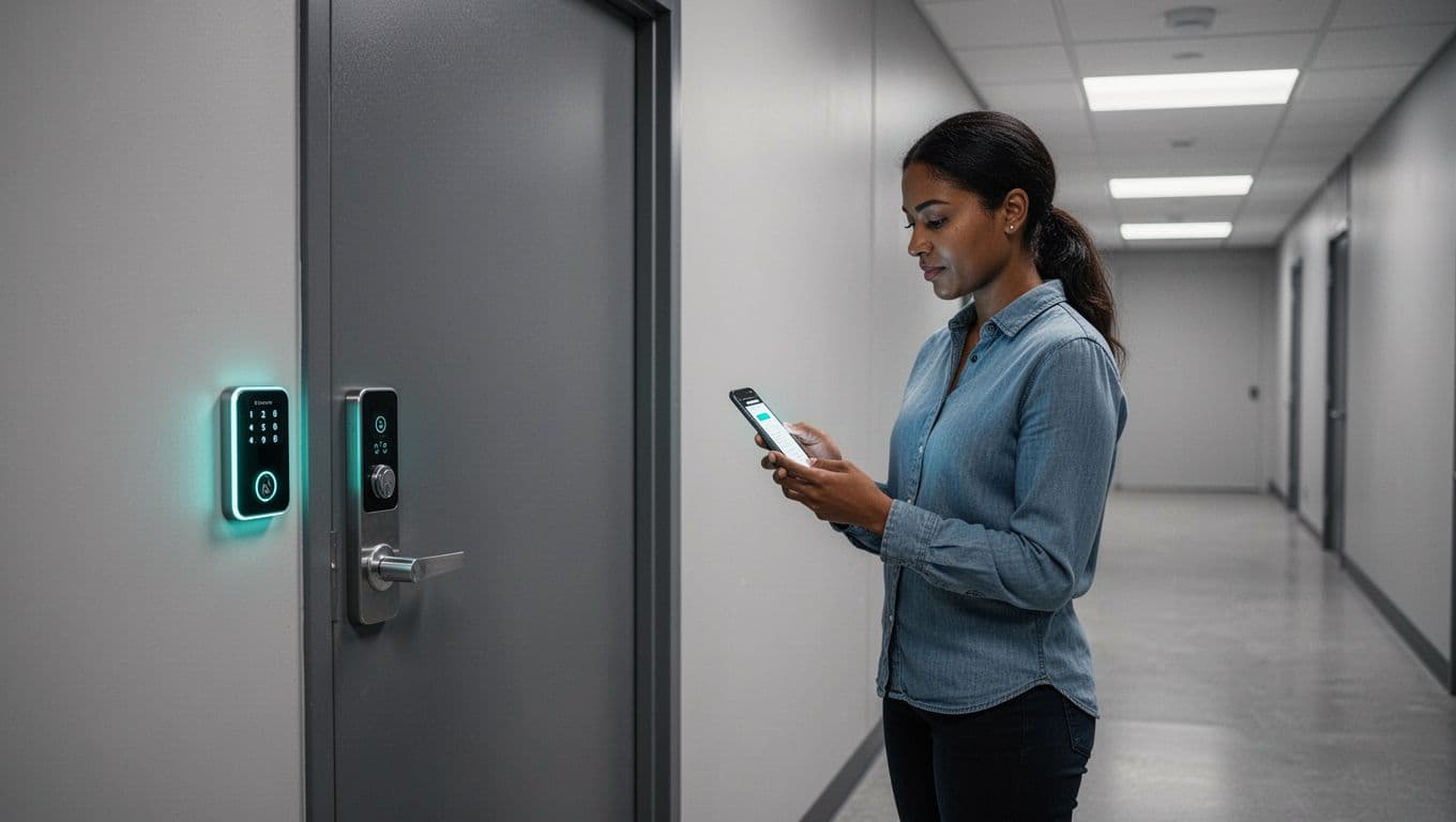 Locked server room door with green-glowing access panel next to nonprofit admin checking MFA code on phone.