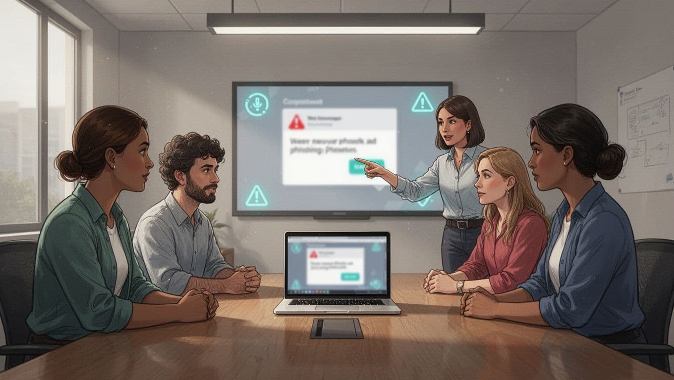 Five staff in modest conference room around laptop showing blurred fake email during phishing training, facilitator pointing.