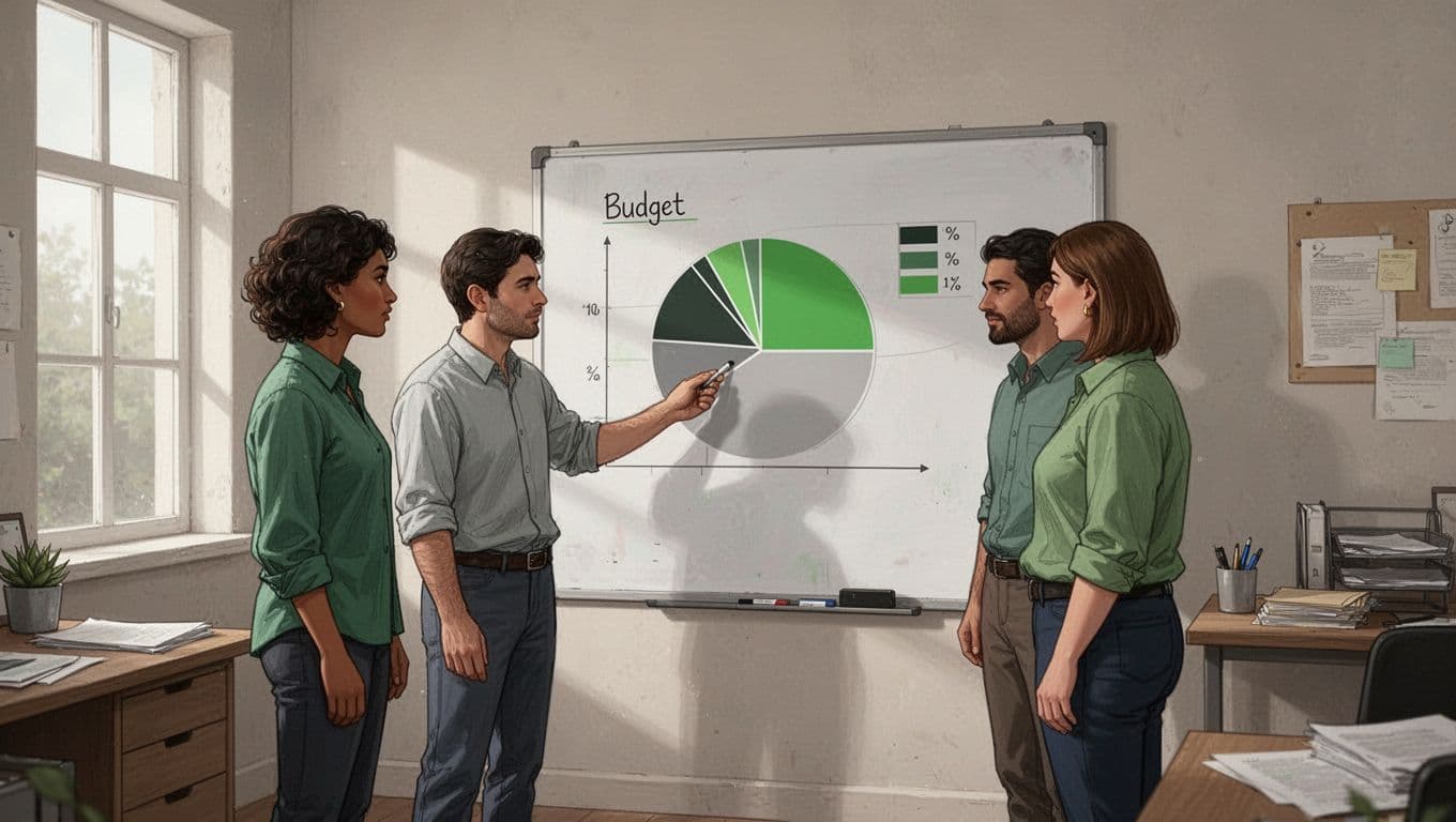 Three team members in modest office review pie chart on whiteboard; one points to slices with training, software, backups icons.