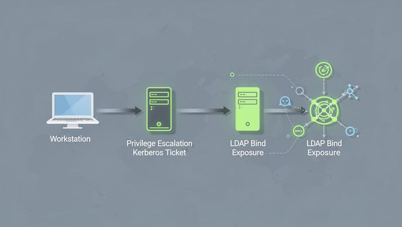 Chain diagram from workstation NTLM relay to server Kerberos escalation and LDAP exposure, risks highlighted green on gray-blue background.