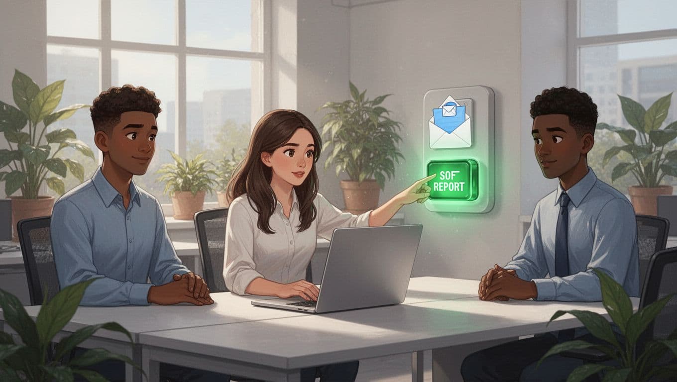 Woman at shared desk presses report button on laptop phishing email, with two colleagues in bright open office.