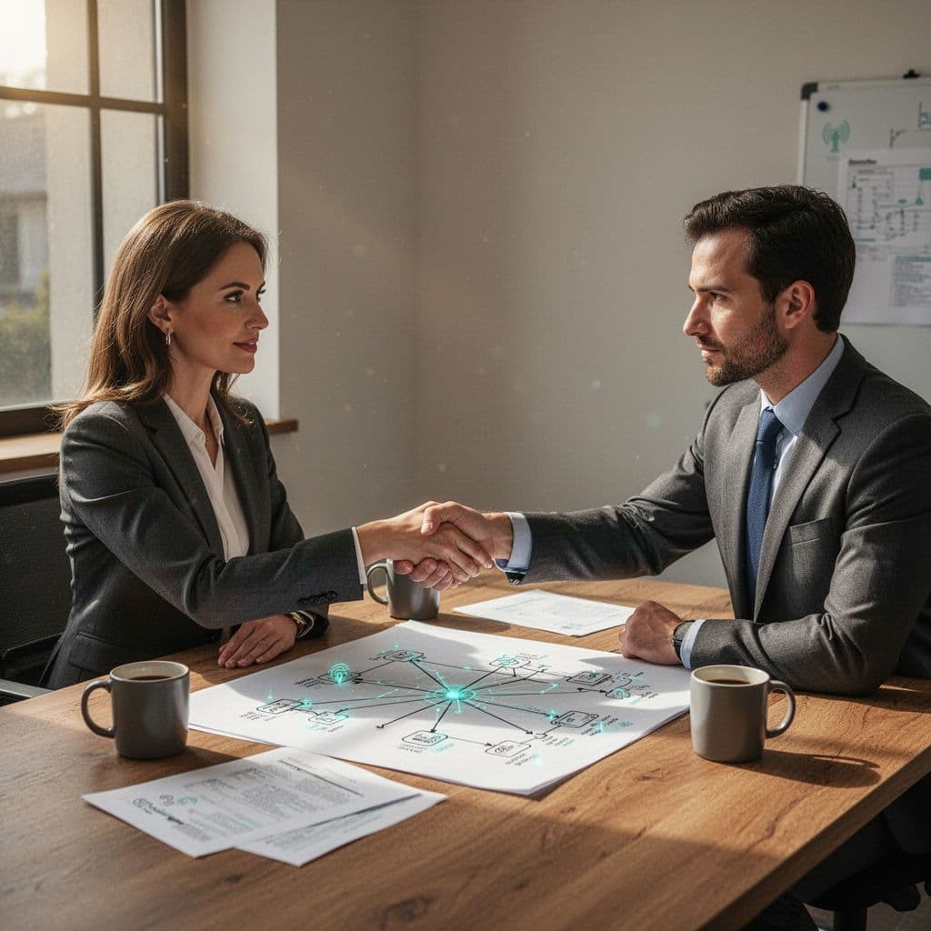 Office manager shakes hands with wireless security expert at desk with network diagrams and coffee mugs.