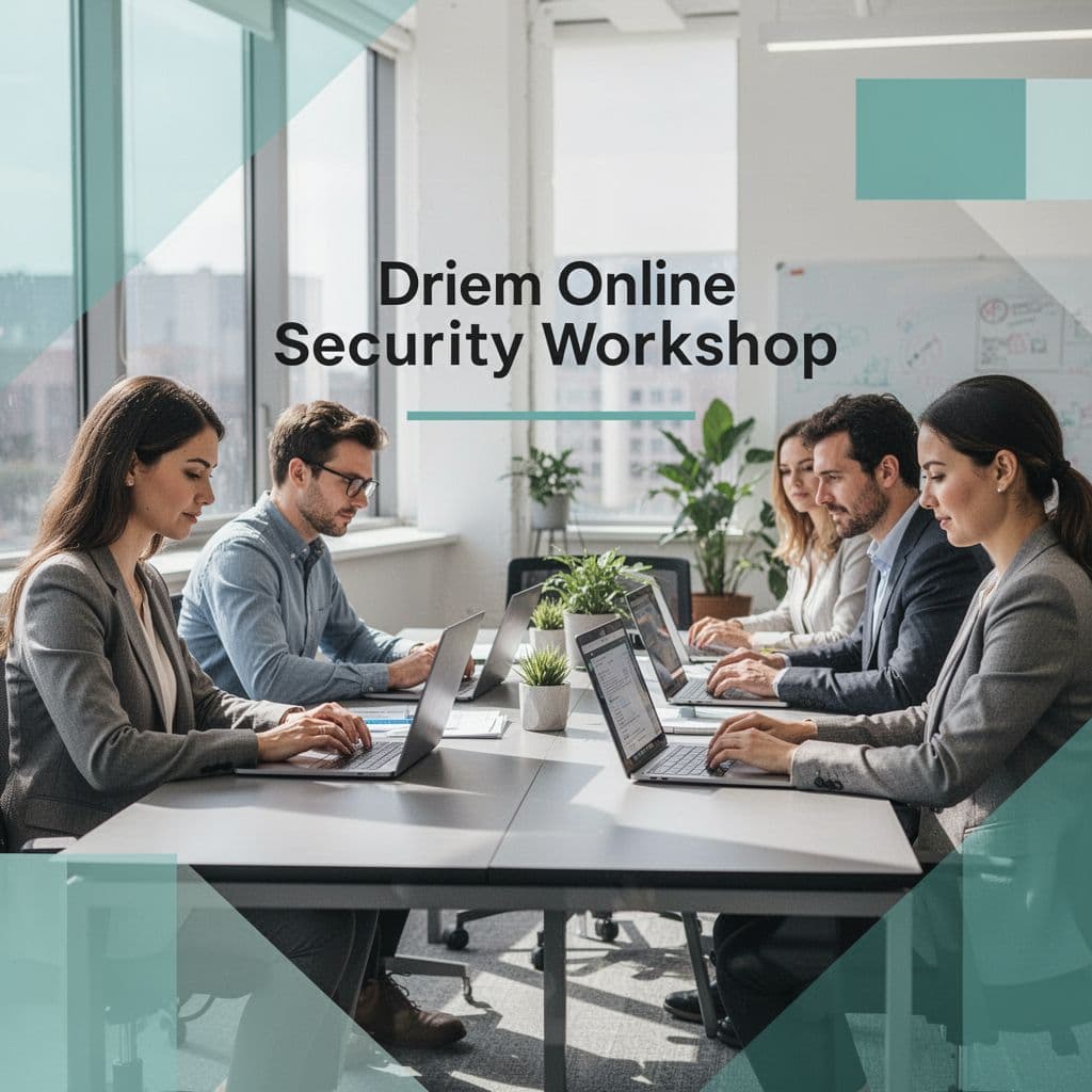 Minimalist flat illustration of professionals attending a virtual security workshop.
