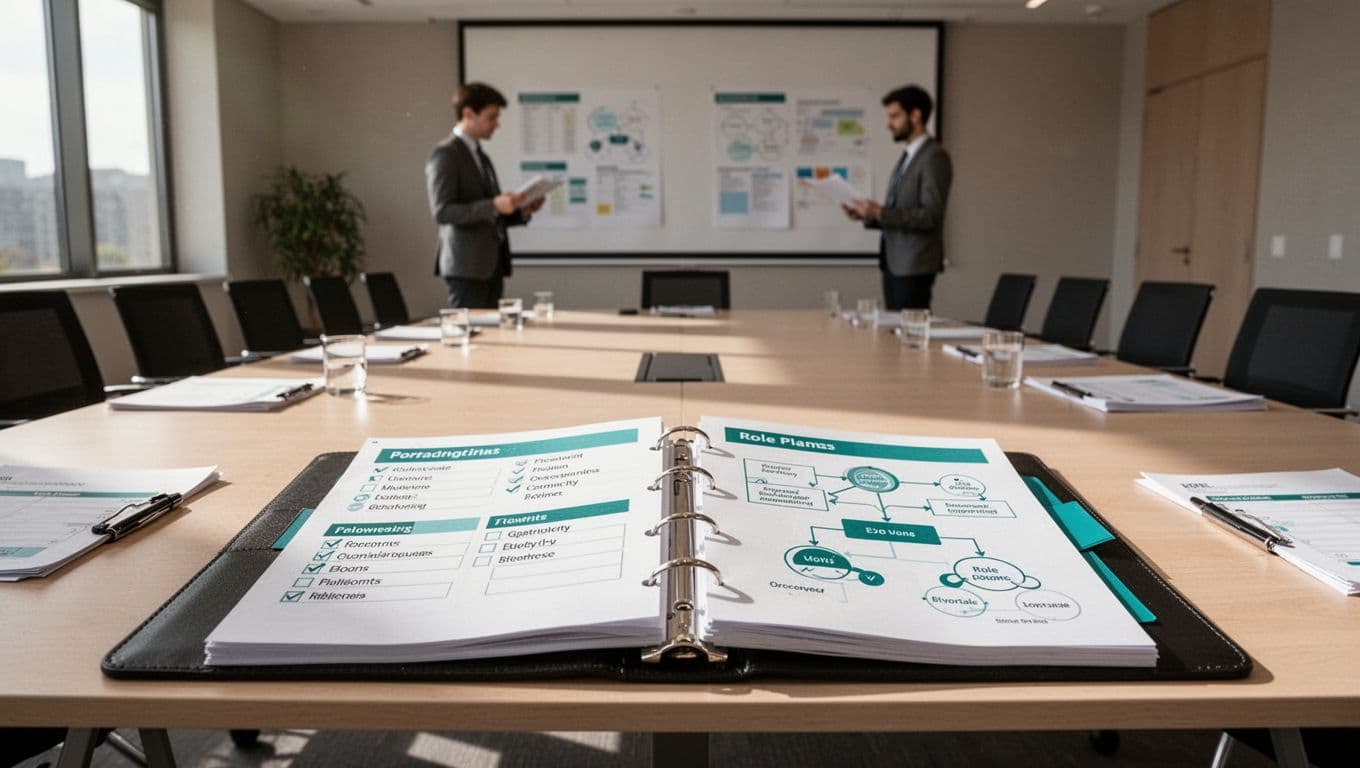 Open binder on conference table shows checklists, flowcharts, and role charts with green accents; subtle venue background, one person reviewing.