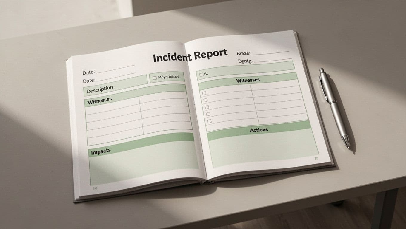Open incident report template on desk with sections for date, description, witnesses, impacts, actions, and green divider accents.