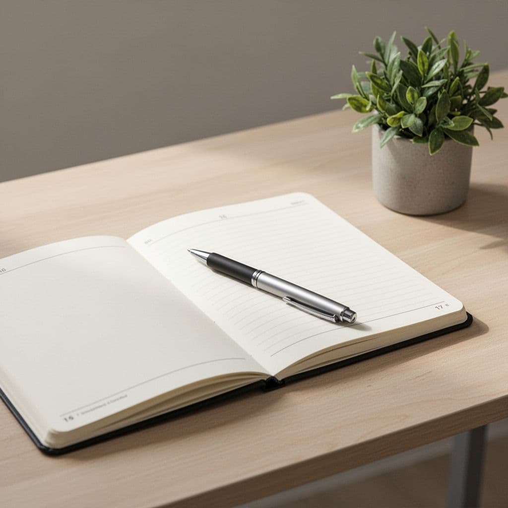 High-angle close-up of open blank notebook and pen on light wood desk with small green plant.