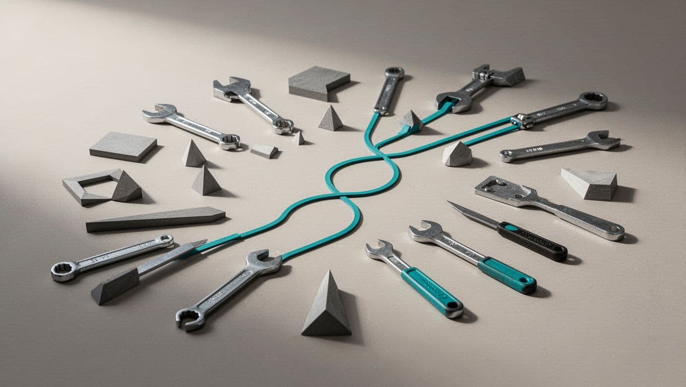 A single bright green line unifies scattered geometric shapes into an organized flow.