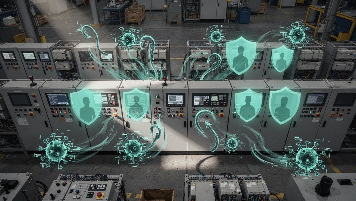 Overhead view of industrial factory with control panels and PLCs attacked by malware viruses and phishing hooks, green shields defending some areas.