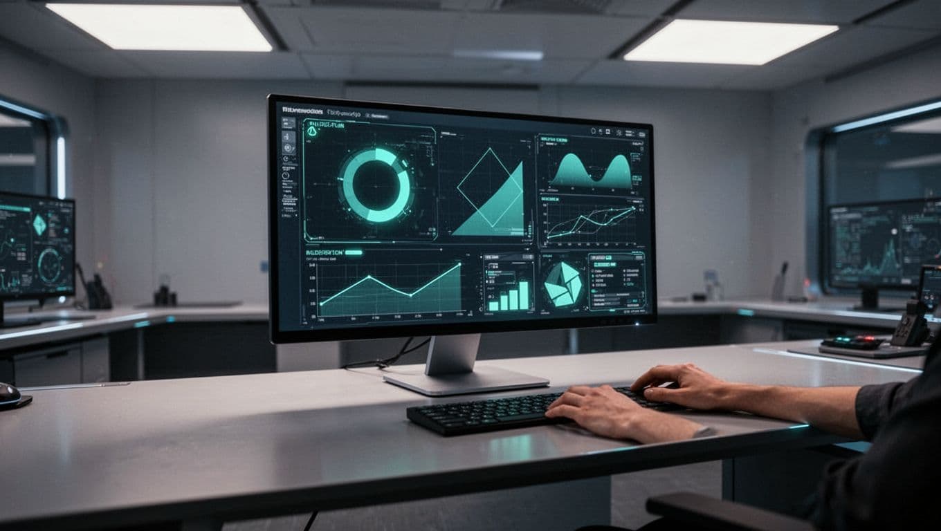 Single screen dashboard on control room desk shows firmware anomaly alerts in green highlights, relaxed hands nearby.