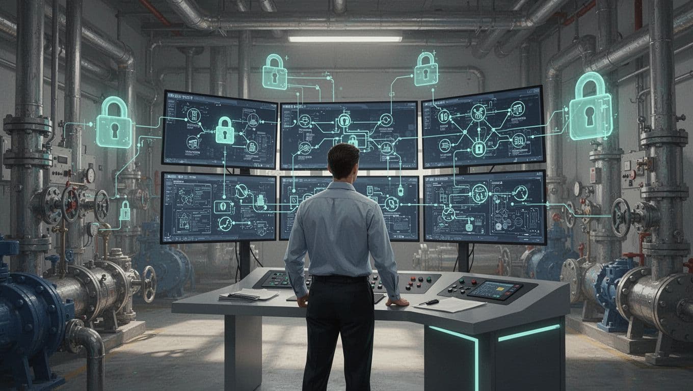 Person stands at console with screens showing network diagrams and ICS icons in industrial control room with pipes and machinery.