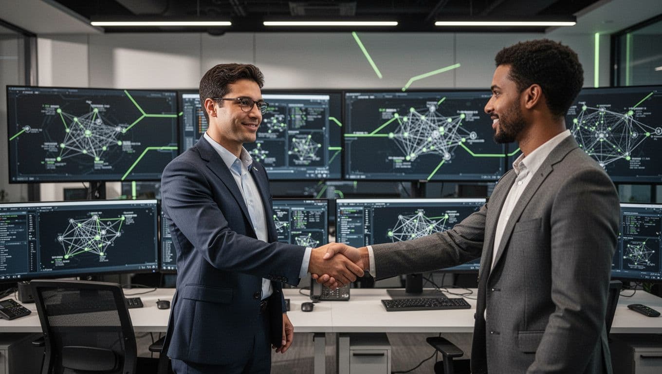 Three people in secure operations center: newcomer shakes hands with team amid green-accented integration diagrams.