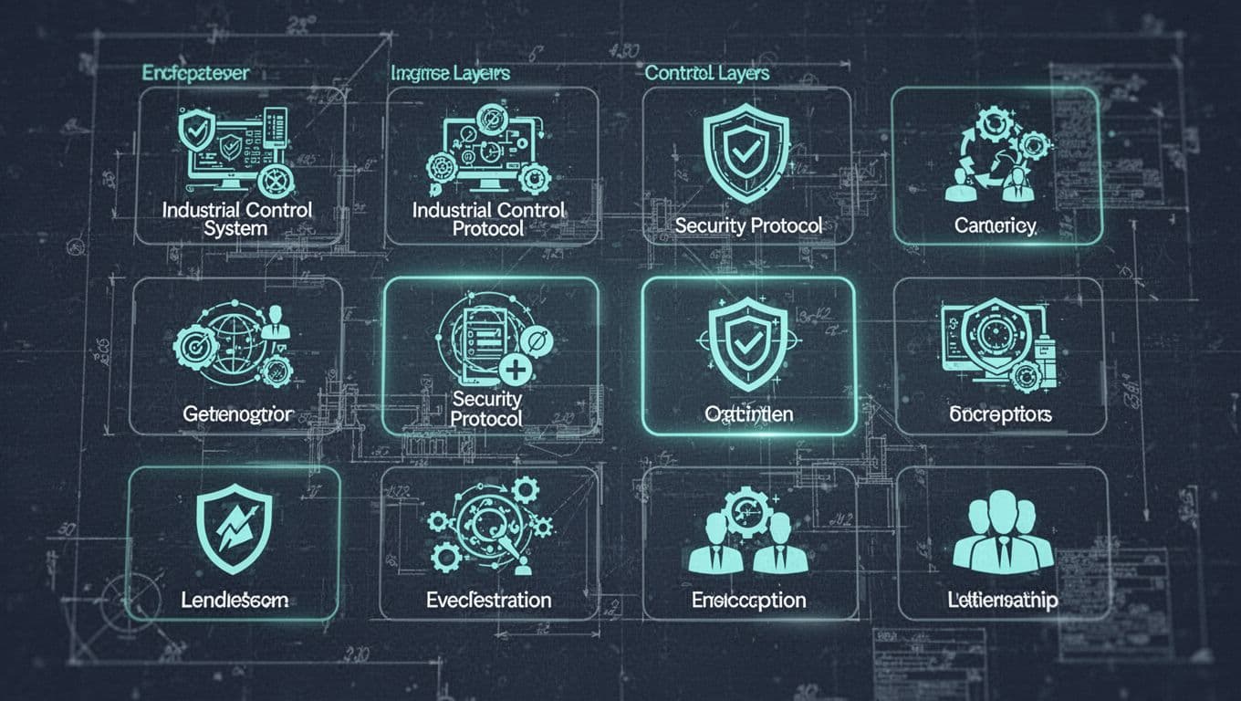 Abstract icons of Purdue model, ICS protocols, encryption, and leadership in neat grid on blueprint background with green highlights.