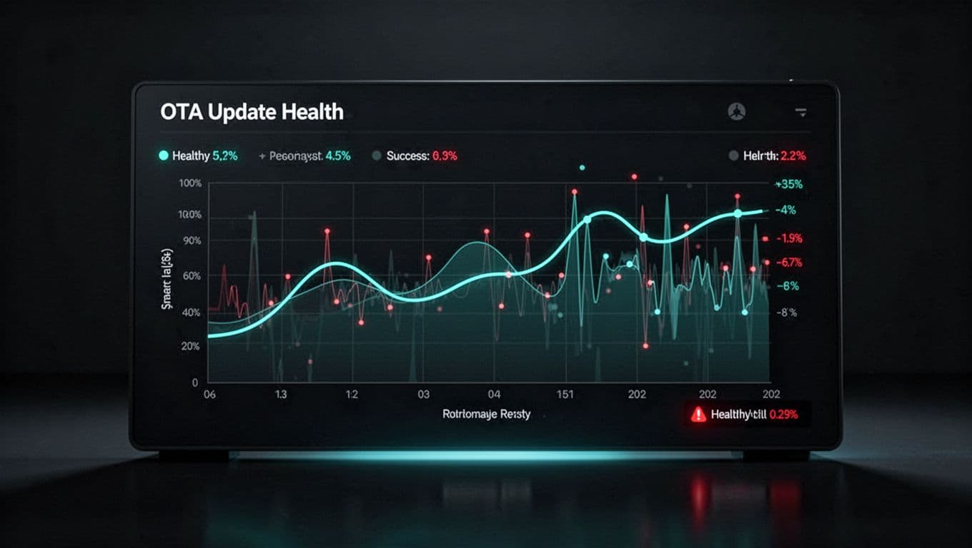 Dashboard shows graphs of update success rates and anomaly detections for industrial robots and smart meters.