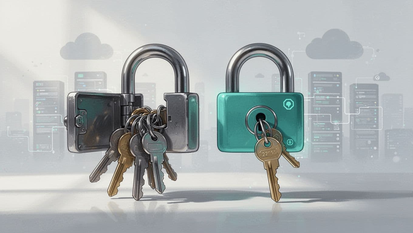 Wide-open lock releases multiple keys toward AWS Lambda functions beside tight green lock with single key, on cloud servers background.