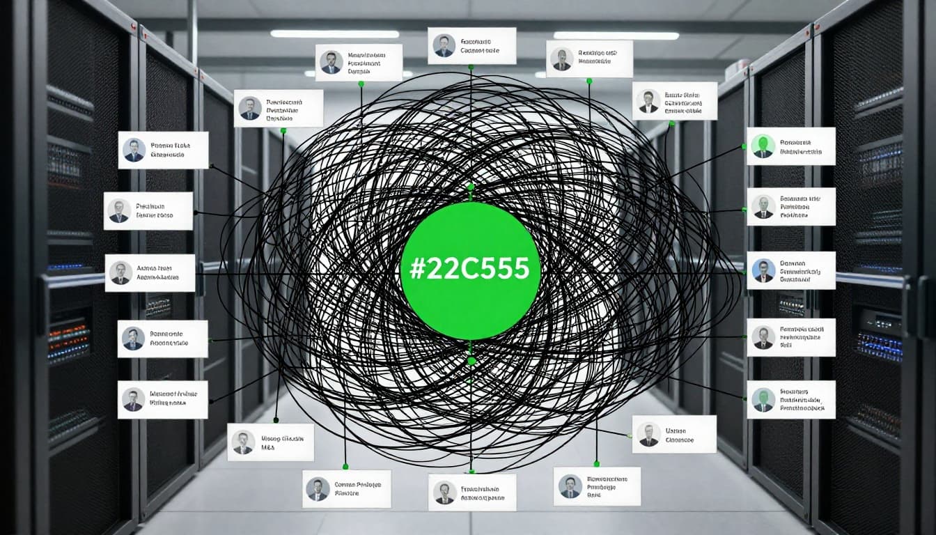 Chaotic overlapping circles and lines depict user accounts and admin roles from two merged directories in a server room.