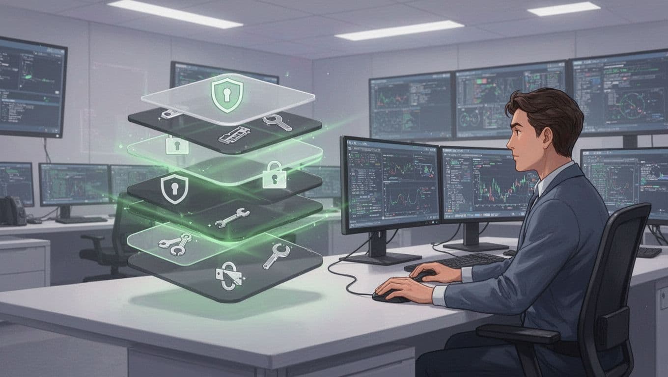 Layered SIEM, EDR, vulnerability scanner, and CNAPP stack with green glowing overlaps beside security analyst at multi-monitor desk in SecOps room.
