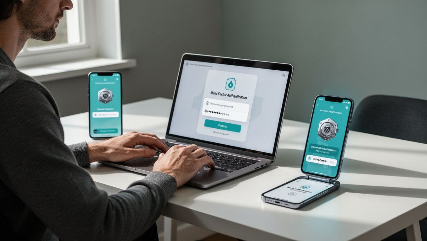 Person at laptop opens password manager vault showing generated password, MFA prompt on nearby phone.