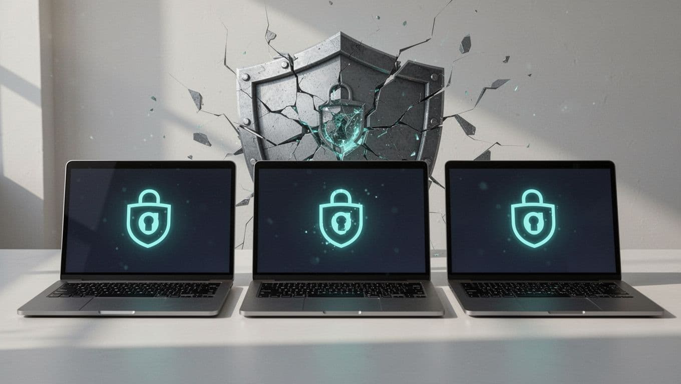 Three laptops side by side show update notifications for macOS, Windows, and Linux against a breaking vulnerability shield background.