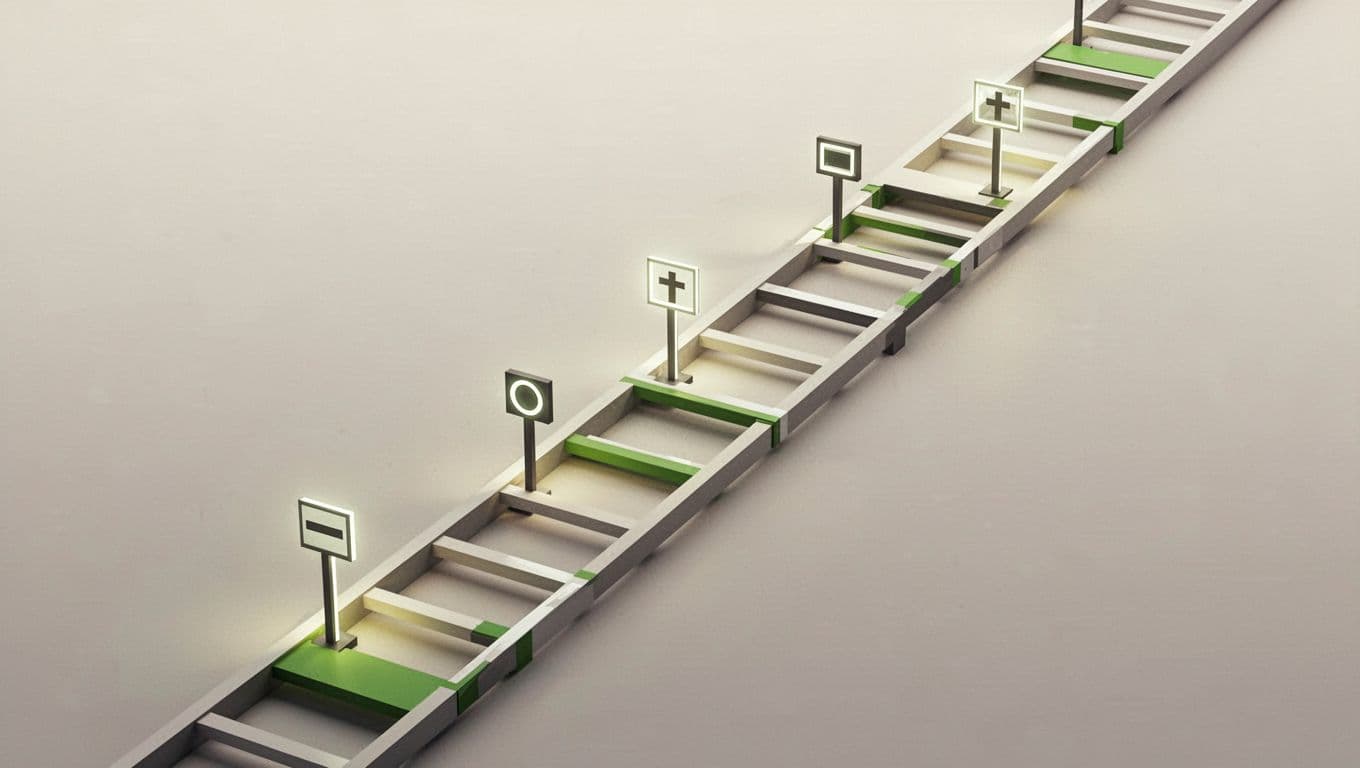 A stylized abstract ladder features circular checkpoints representing steady career progression and skill development.