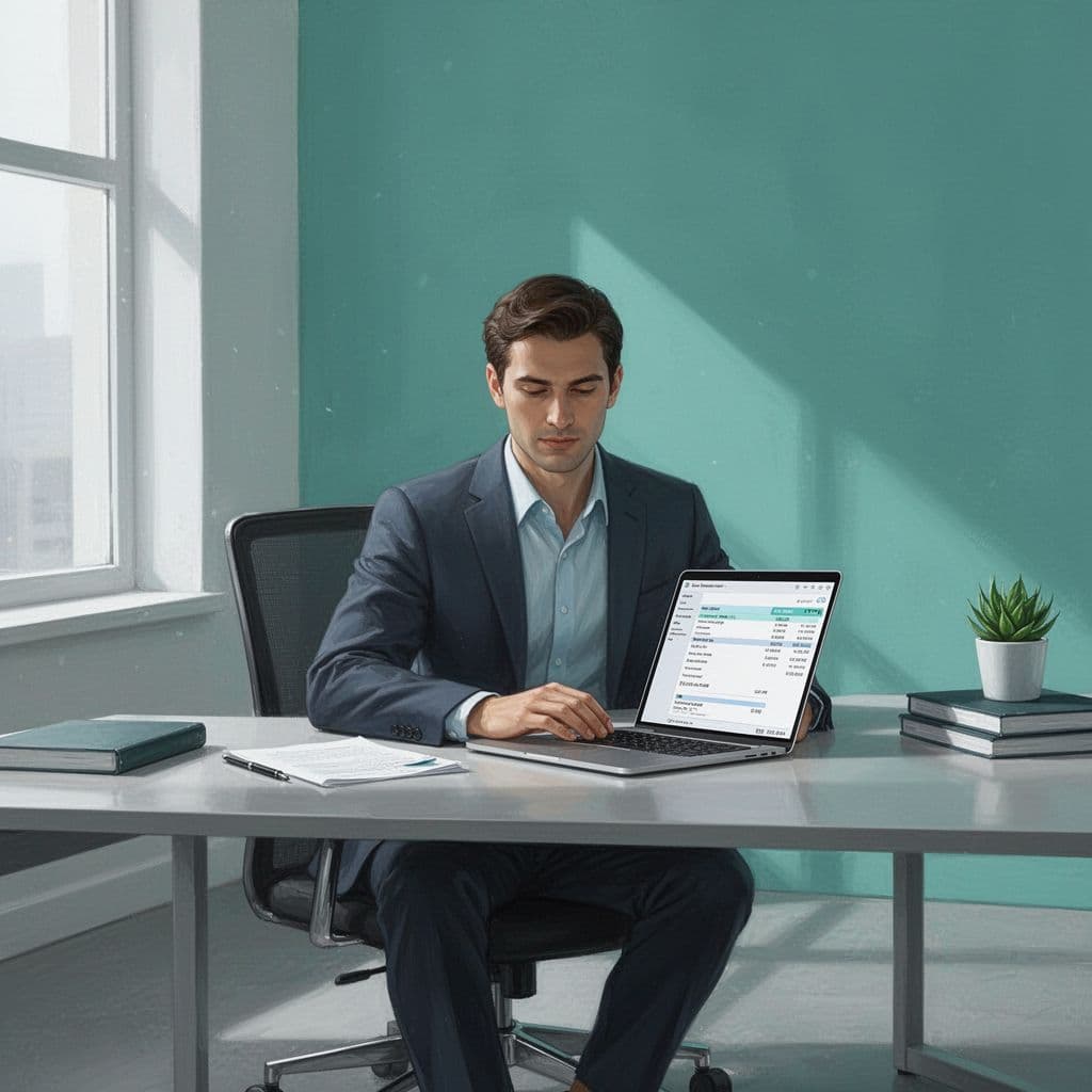 A professional employee sits at a desk using a laptop to carefully verify payroll data.