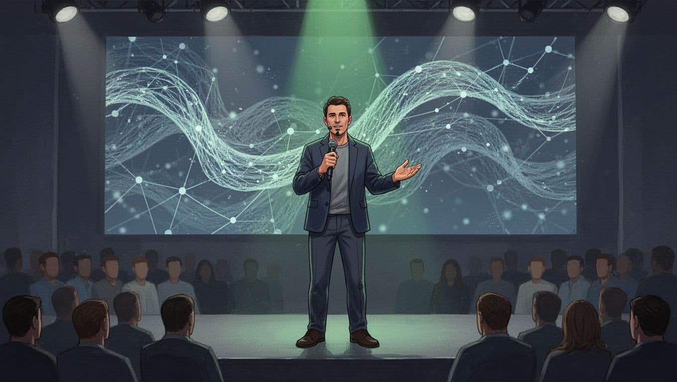 Penetration tester holds microphone on stage, gesturing to blurred audience with abstract network graphic behind.