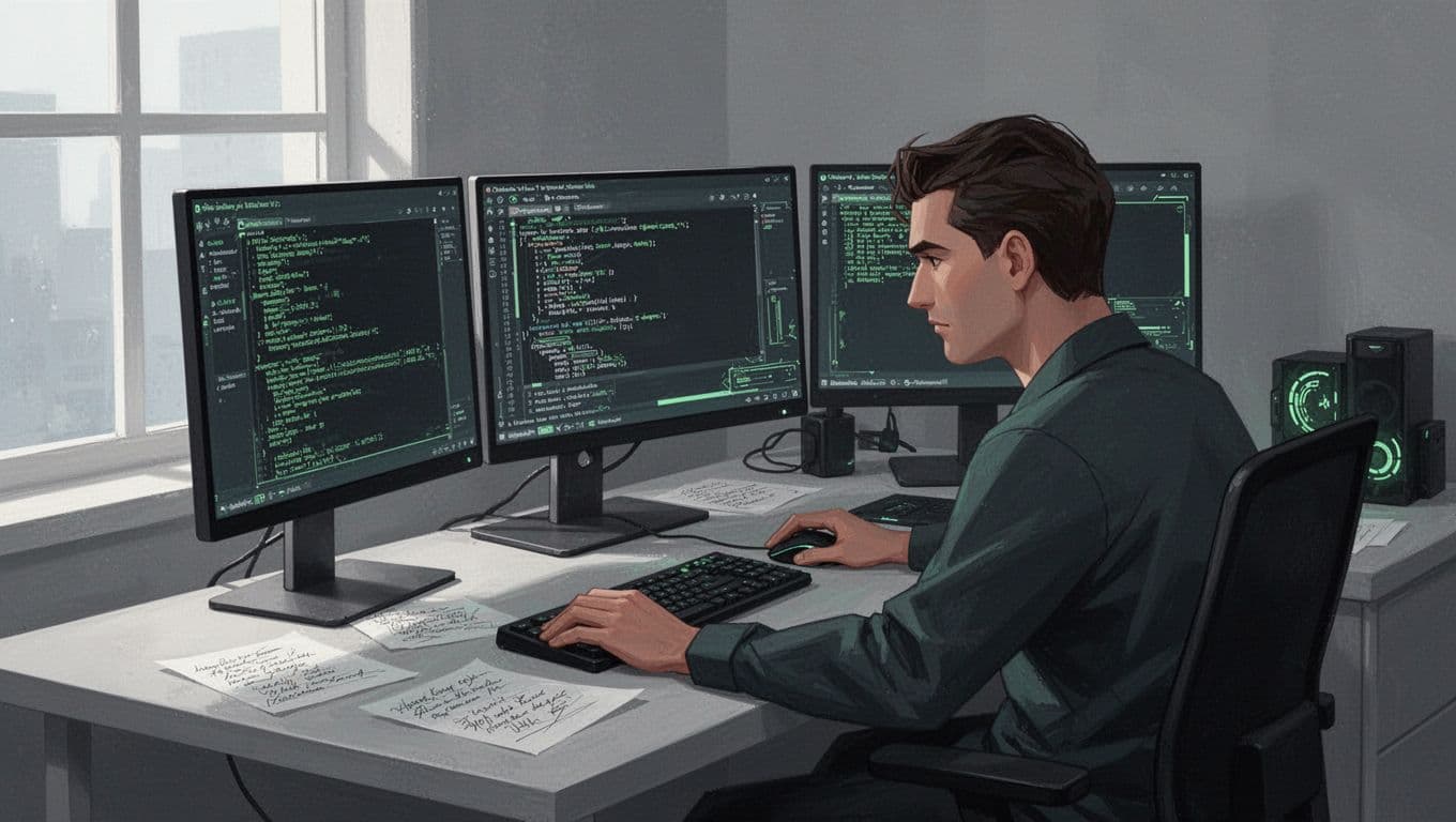 Penetration tester concentrates at desk with two monitors showing terminal windows and VMs, keyboard, scattered notes, hand on mouse.