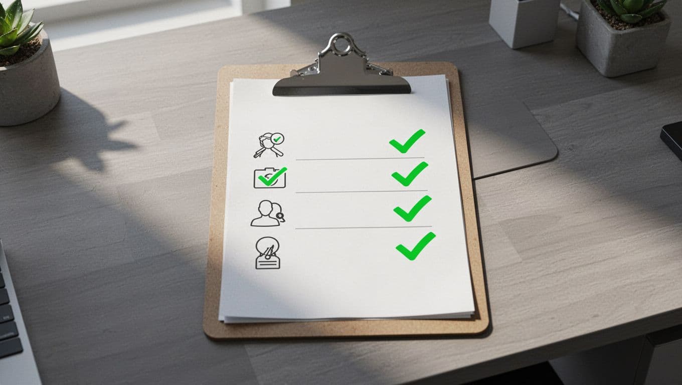 Clean checklist illustration with green checkmarks on clipboard amid office desk setting.