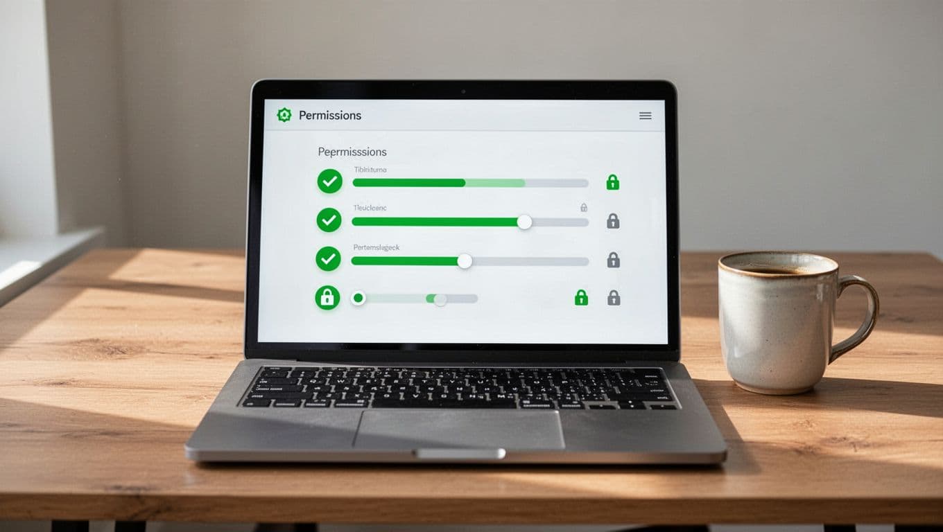 Laptop screen shows permissions dashboard with sliders, green checkmarks, and locks on desk with coffee mug.