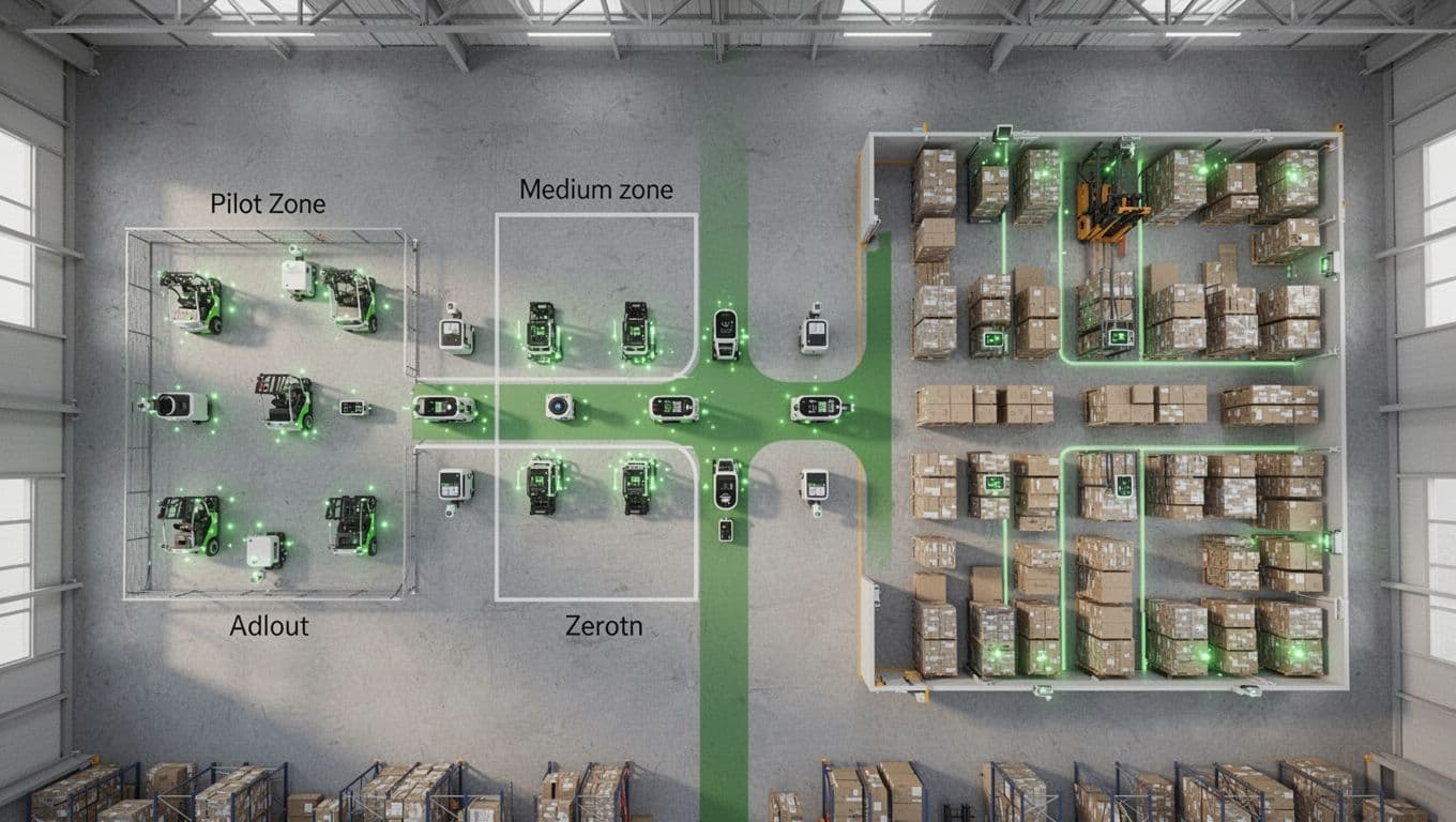 Overhead blueprint of warehouse floor plan shows left pilot zone with green-glowing devices, center expansion, right full coverage, linked by green path.