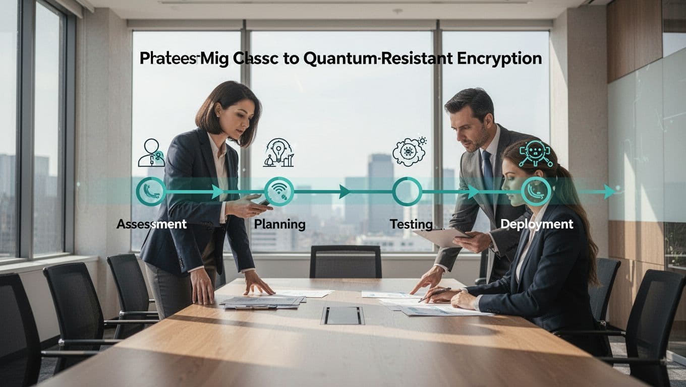 Timeline illustration of assessment, planning, testing, deployment phases for encryption migration, two executives reviewing charts in office.