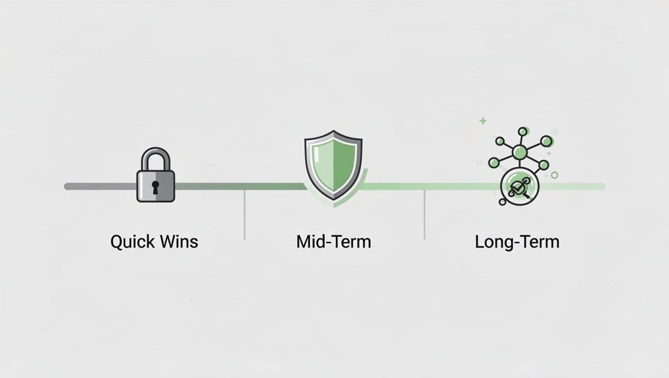 Horizontal timeline divided into quick wins, mid-term, and long-term phases with lock, shield, and network icons in green accents on neutral background.