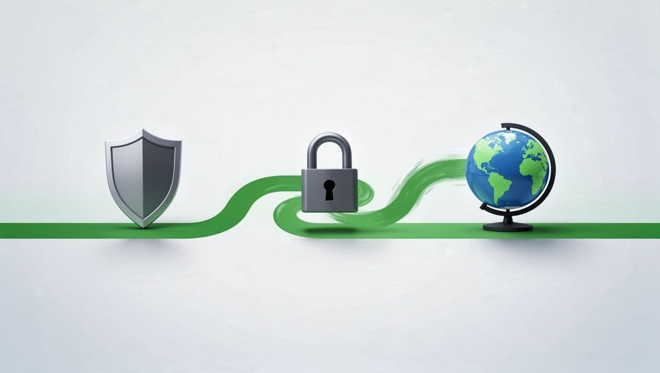 Horizontal timeline divided into three phases with shield, lock, and globe icons connected by green path on gradient background.