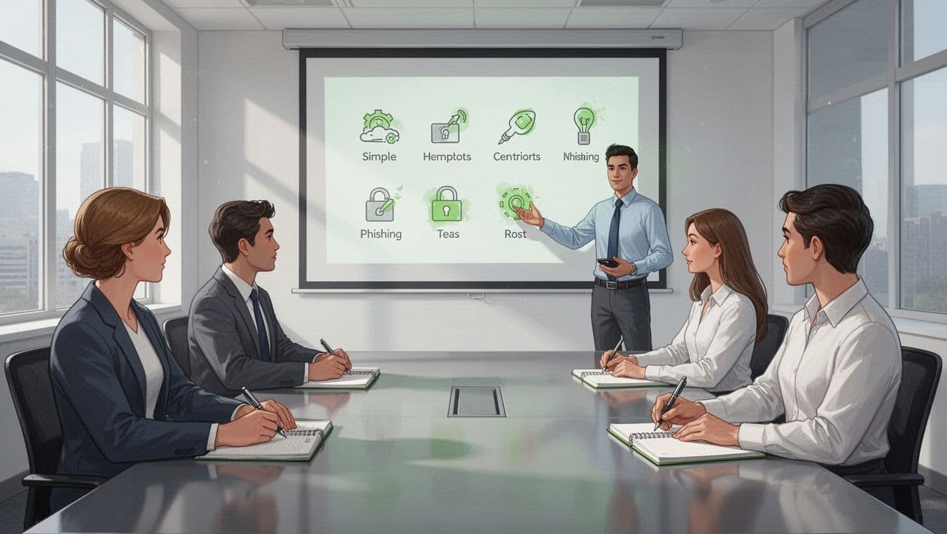 Four team members in conference room as trainer points to projected slide with phishing icons.