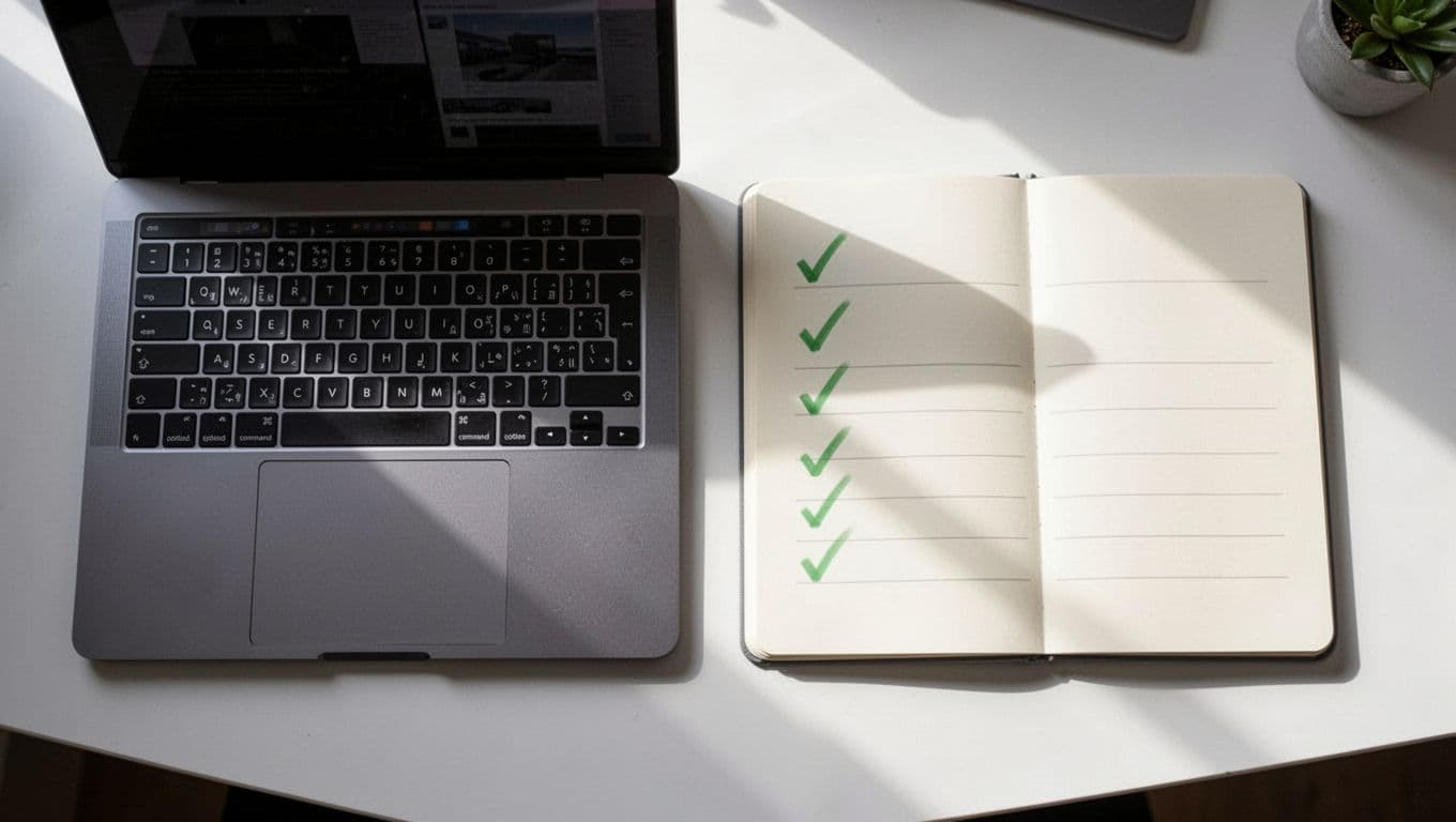 Top-down view shows notepad with green checkmarks on checklist beside computer.