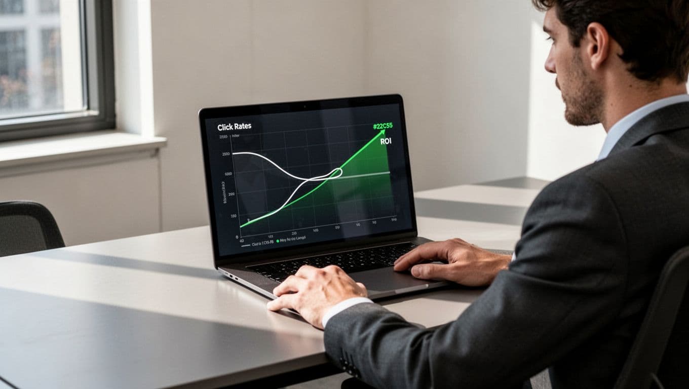Laptop on office desk shows line graph with phishing clicks declining and ROI rising over six months, hands on desk, person viewing screen.