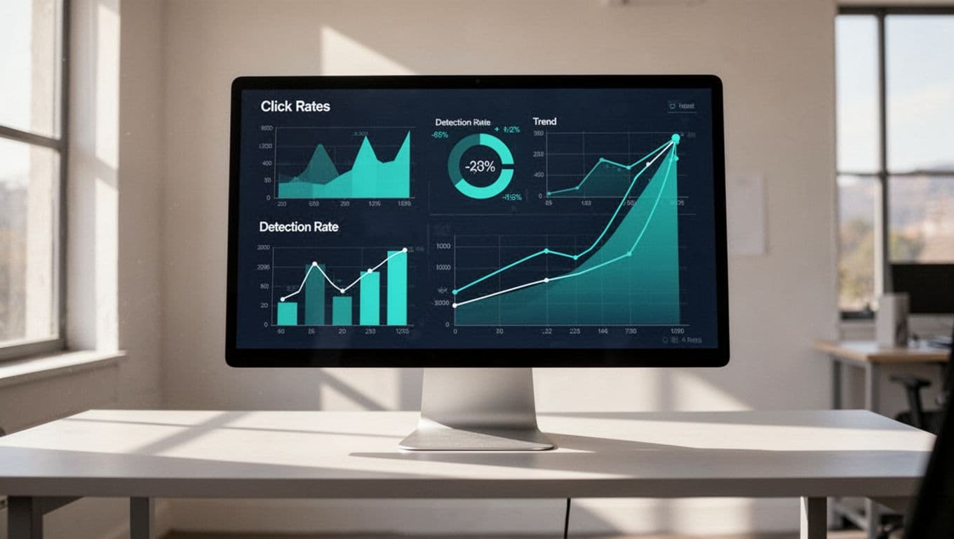 Office computer screen displays clean phishing metrics dashboard with charts for click rates, detection rates, and trends.